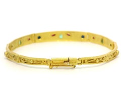 Vintage 18k Gold Emerald Ruby & Sapphire Detailed Wire Work Graduated Bracelet
