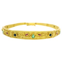 Vintage 18k Gold Emerald Ruby & Sapphire Detailed Wire Work Graduated Bracelet