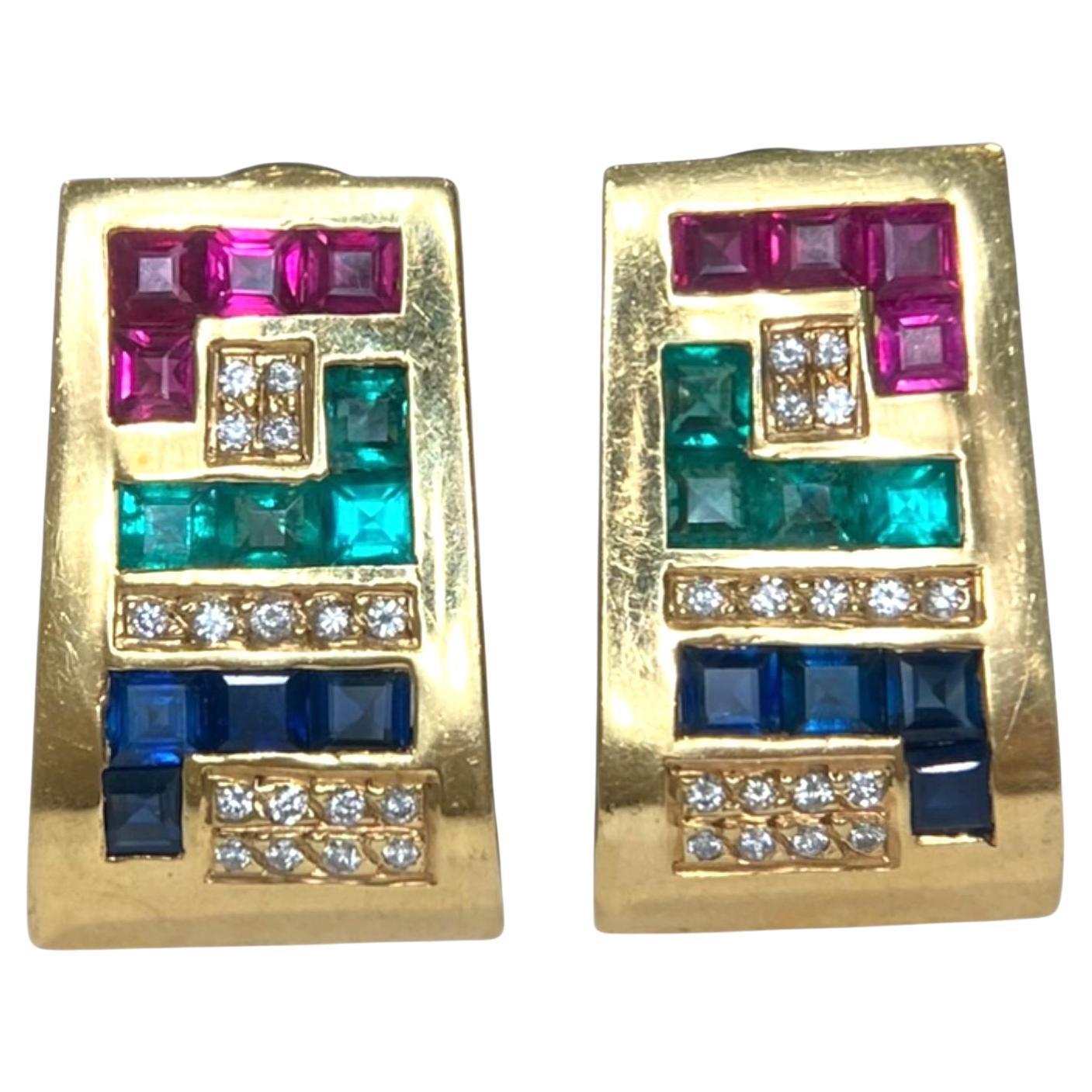 Pendientes vintage de oro de 18 quilates con diamantes esmeralda rubí zafiro