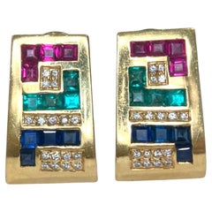 Vintage 18K Gold Emerald Ruby Sapphire Diamond Earrings
