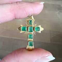 Vintage 18K Gold Emerald Spanish Cross Pendant