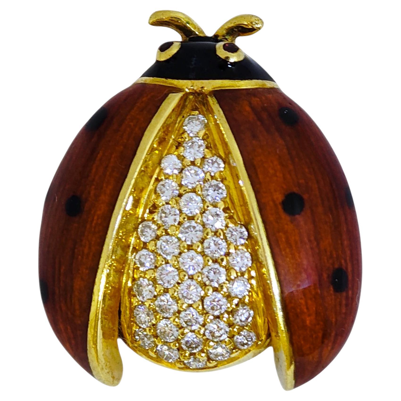 Vintage 18K Gold Enamel And Diamond Ladybug Brooch