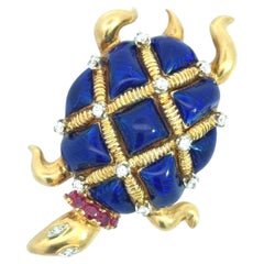Vintage 18k Gold Enamel Brooch with Diamond & Ruby