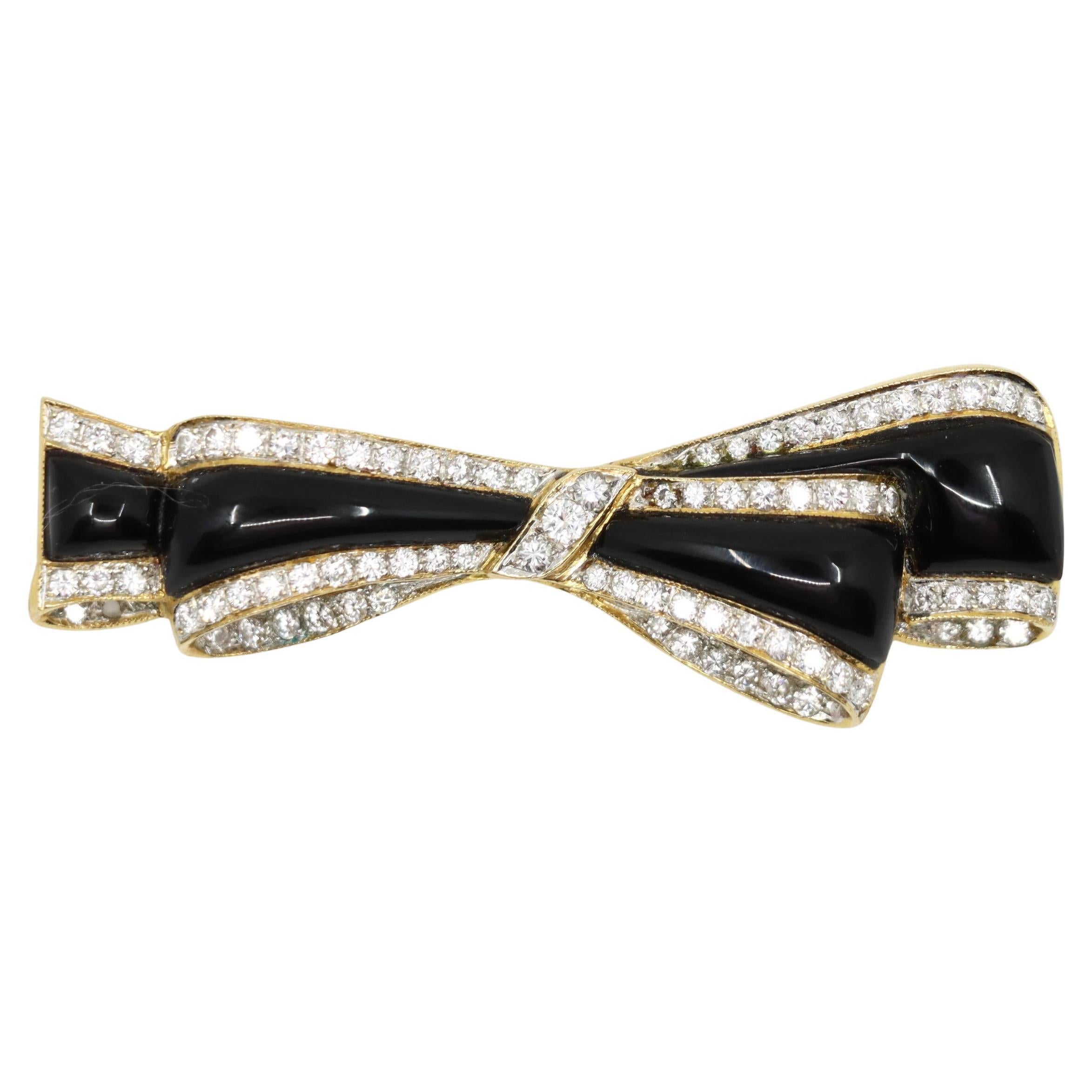 Vintage 18K Gold Enamel Diamond Bow Tie Brooch