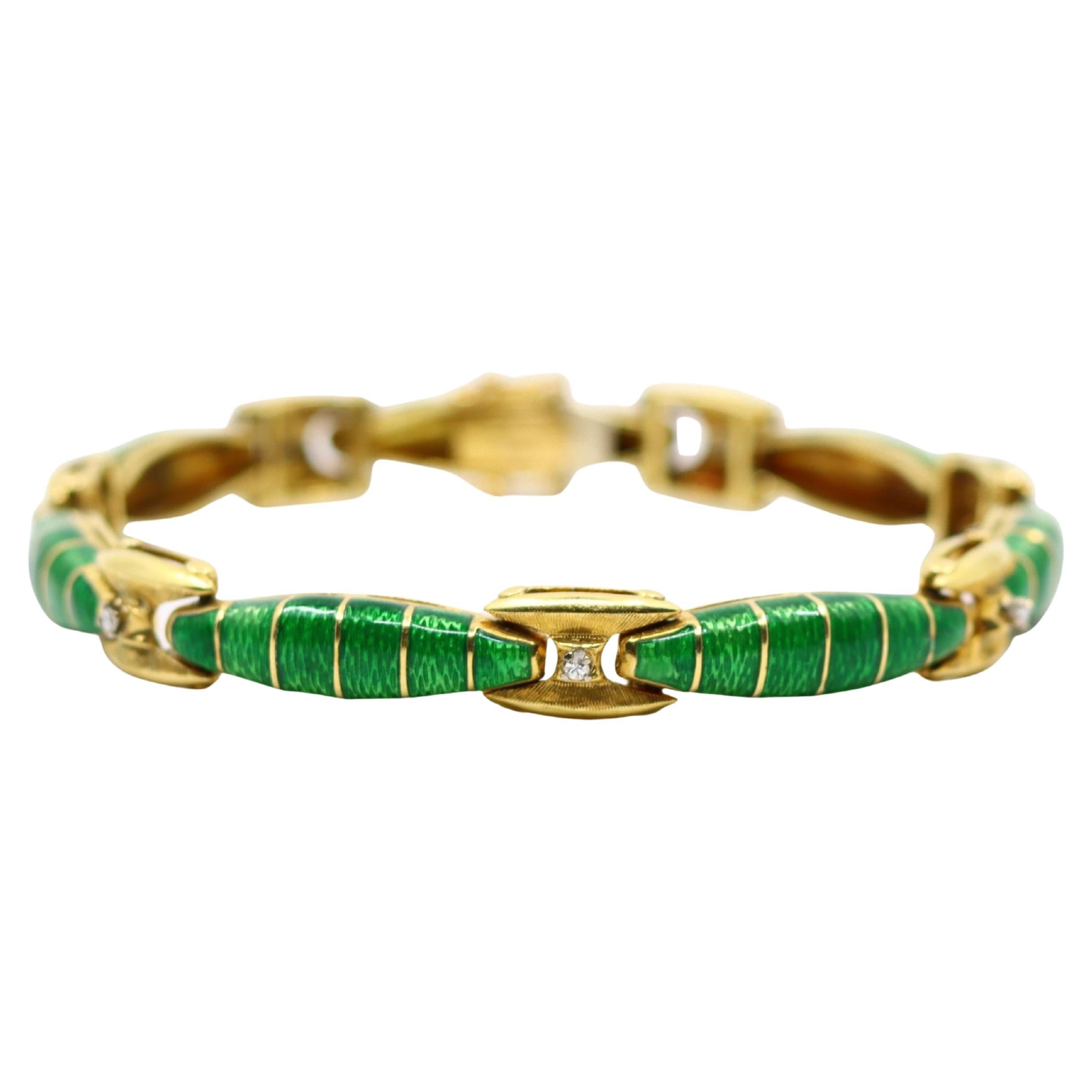 Bracelet vintage en or 18K avec émail et diamants