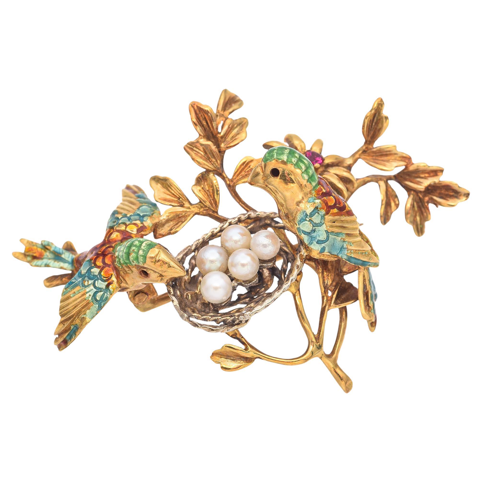 Vintage 18K Gold Enamel Love Birds Nest Brooch