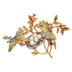 Vintage 18K Gold Enamel Love Birds Nest Brooch