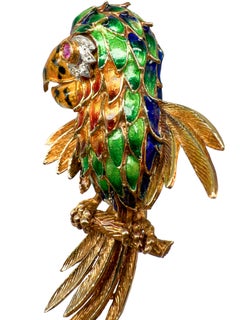 VINTAGE 18K GOLD ENAMEL PARROT BROOCH mit DIAMANT & RUBIN - 1960s