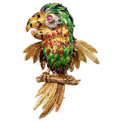VINTAGE 18K GOLD ENAMEL PARROT BROOCH with DIAMOND & RUBY – 1960s