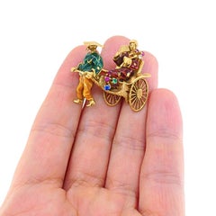 Vintage 18k Gold Enamel Riksha Brooch Pin Gemstone Accents