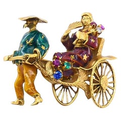 Vintage 18k Gold Enamel Riksha Brooch Pin Gemstone Accents