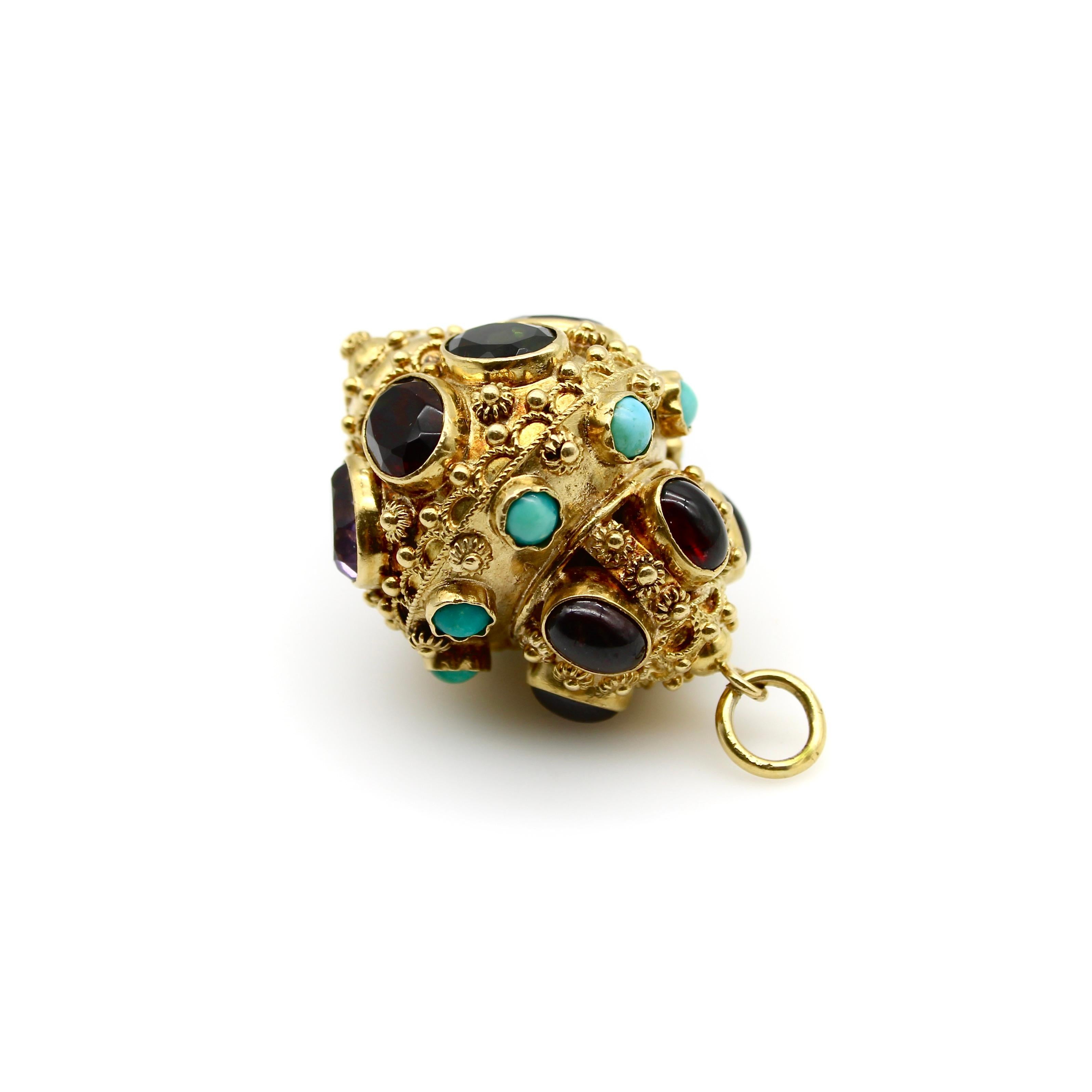 Cabochon Vintage 18K Gold Etruscan Revival Extra Large Lantern Charm w/ Encrusted Jewels For Sale