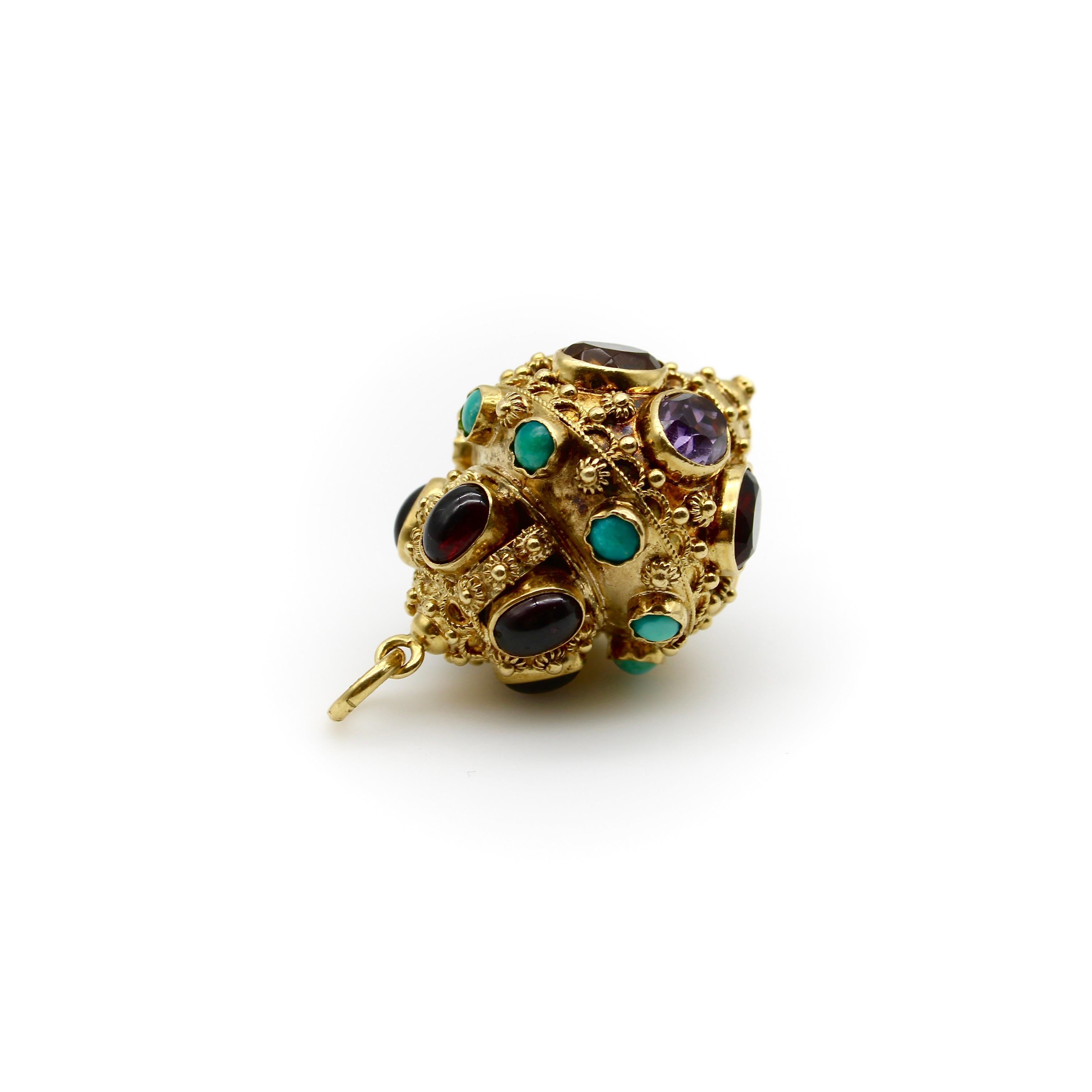 Vintage 18K Gold Etruscan Revival Extra Large Lantern Charm w/ Encrusted Jewels In Good Condition For Sale In Venice, CA