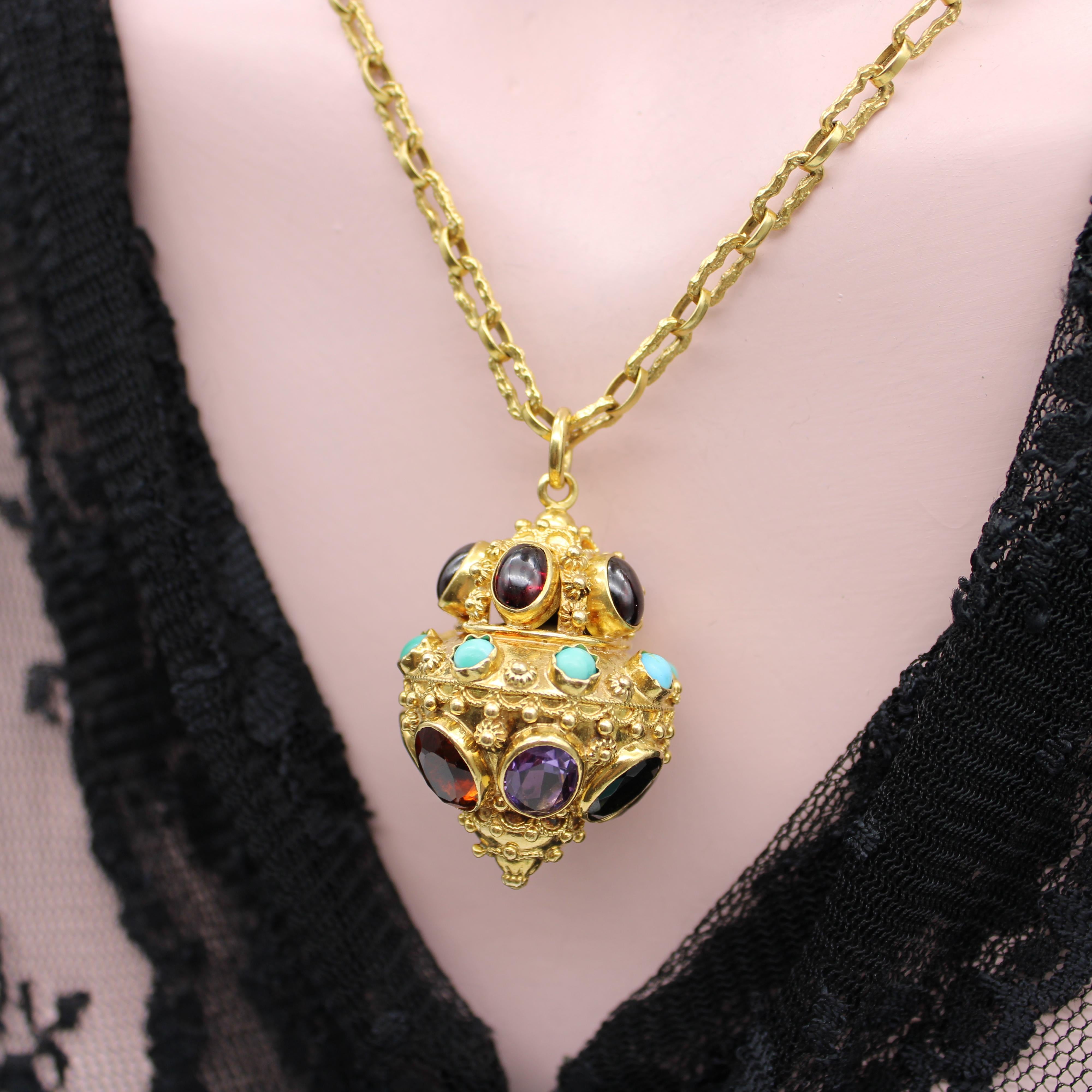 Vintage 18K Gold Etruscan Revival Extra Large Lantern Charm w/ Encrusted Jewels For Sale 2