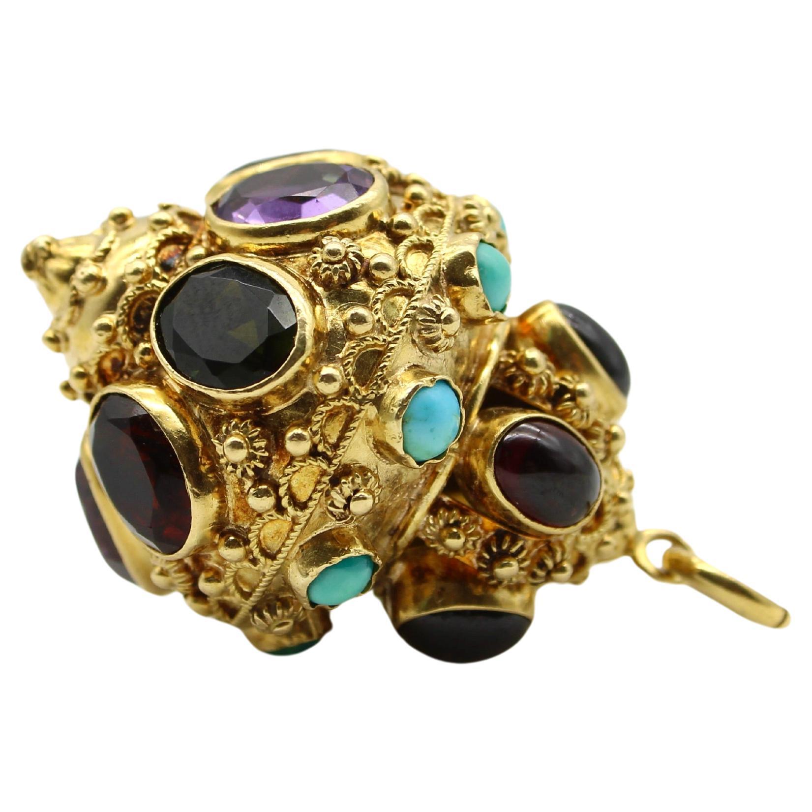Vintage 18K Gold Etruscan Revival Extra Large Lantern Charm w/ Encrusted Jewels For Sale