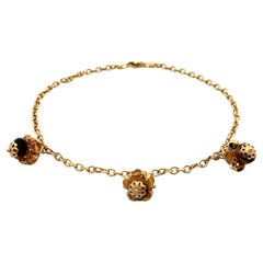 Vintage 18k Gold Faceted Citrine & Tiger Eye Floral Dangle 9.5" Anklet Bracelet