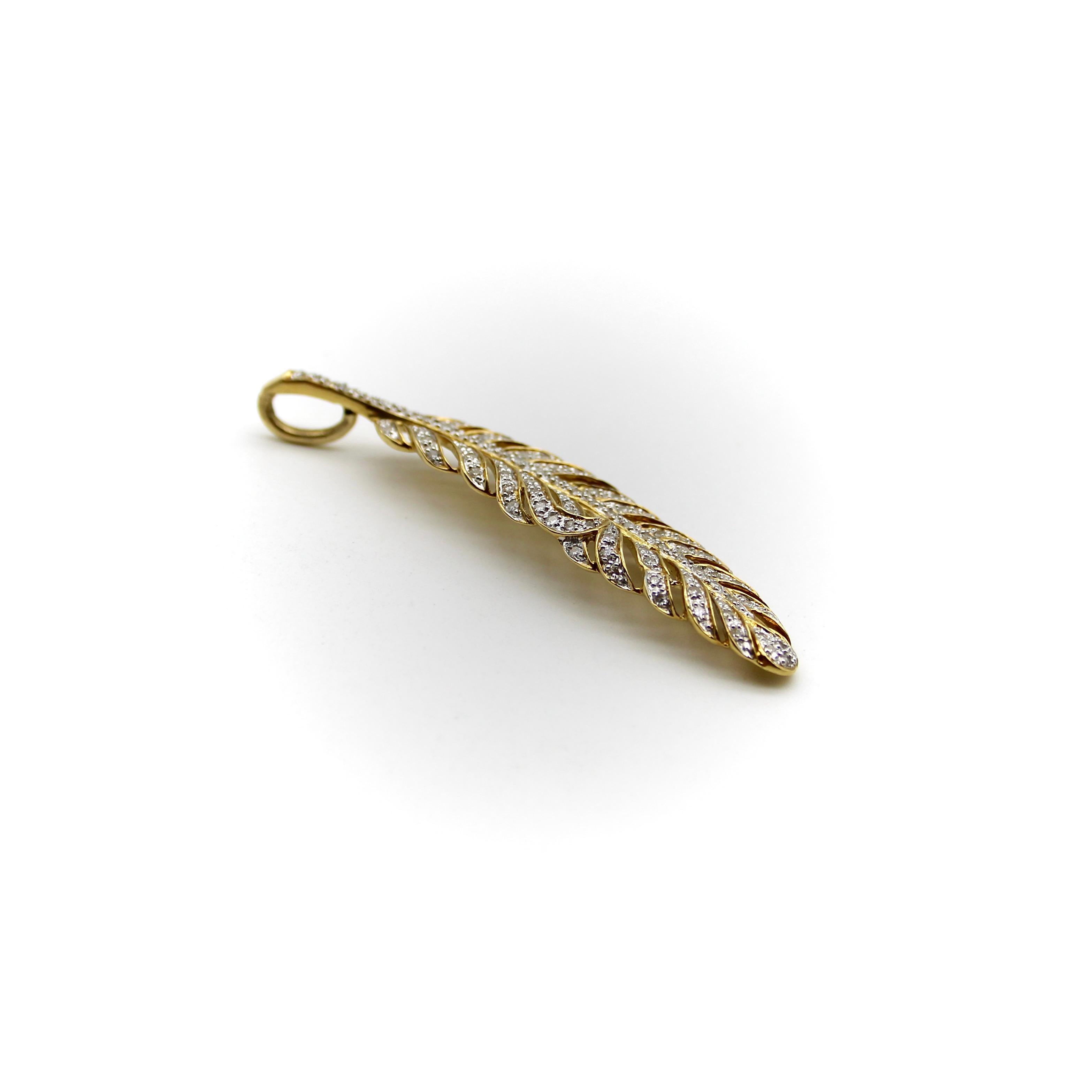 Modernist Vintage 18K Gold Feather Pendant with Pave Diamonds