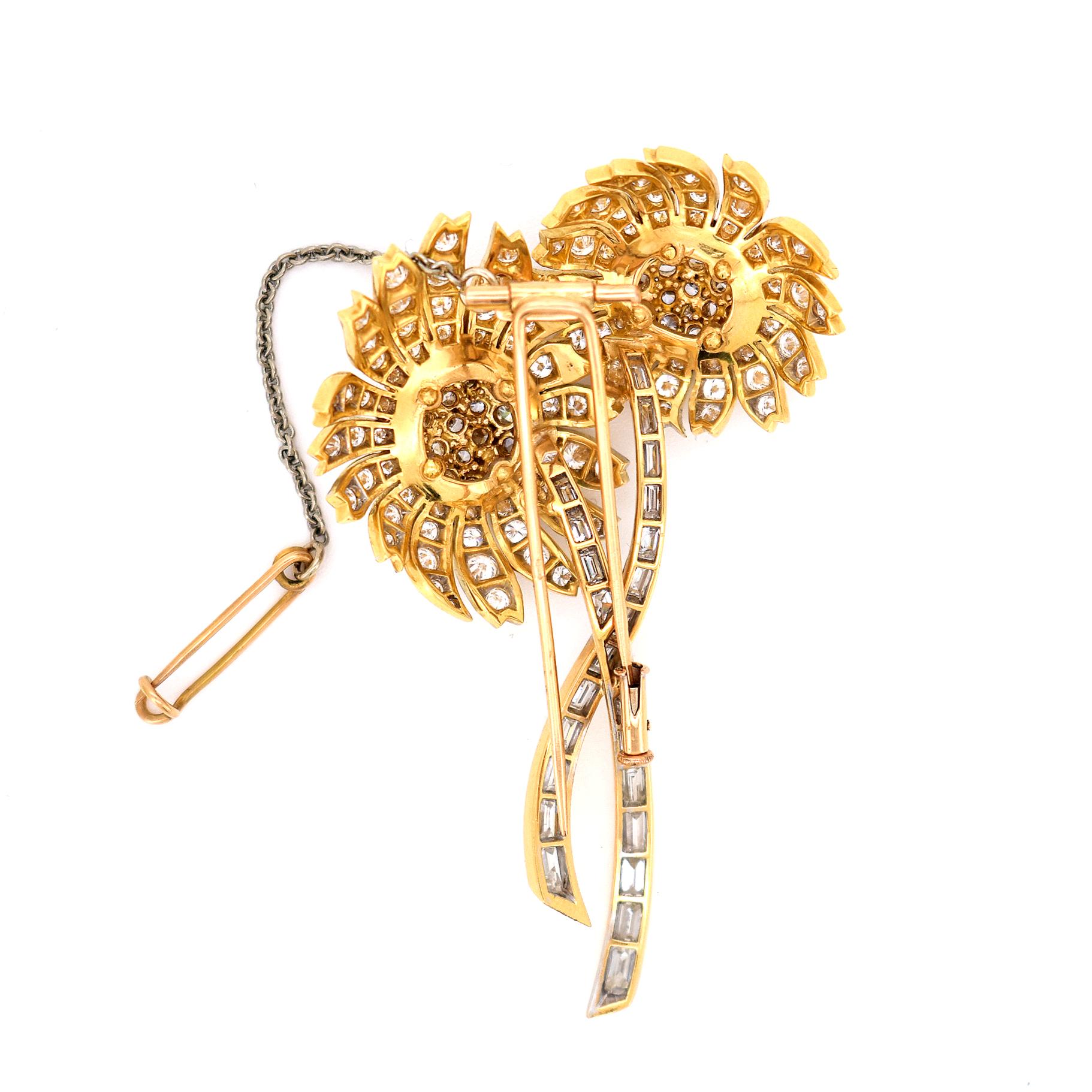 Exceptional Retro Diamond Floral Brooch in 18k Gold – Circa 1950

Stunning French brooch from the 1950s, crafted in solid 18k yellow gold and designed as two blooming flowers. Set with approx. 7 carats of high-quality diamonds (VVS clarity, E