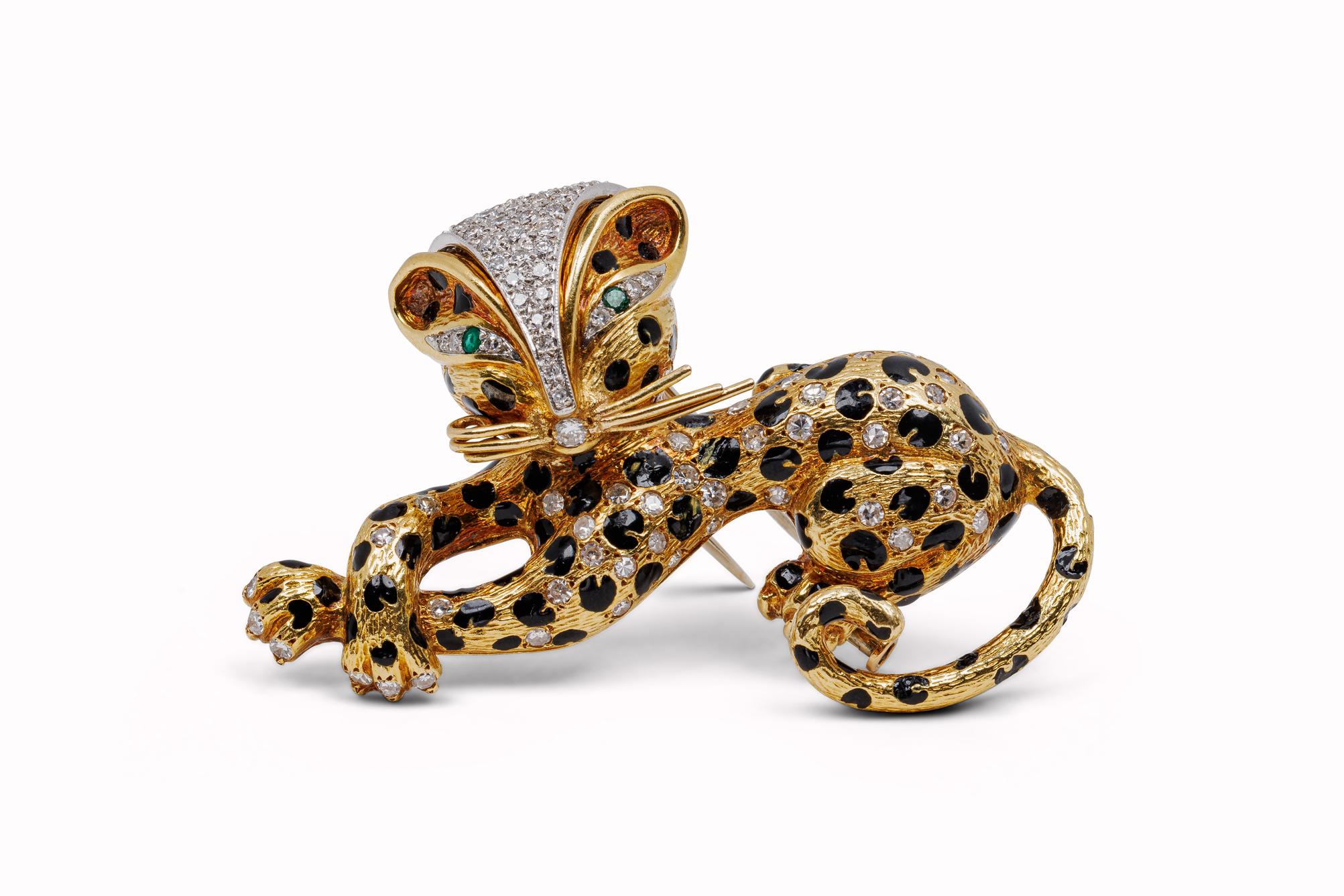 Vintage 18k Gold Fred Paris Enamel Gold Leopard Brooch 
102 round diamonds  2.10 cts diamonds and Black Enamel 
 measuring 2½ by 1½ inches 
