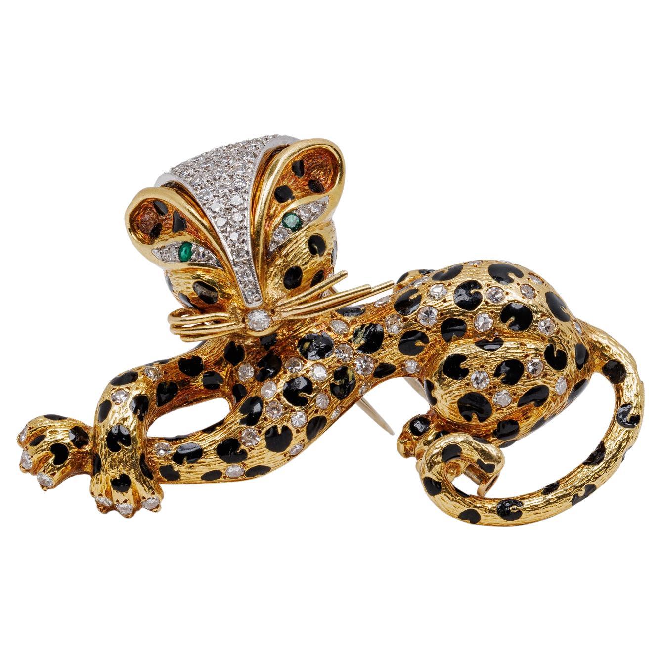 Fred Paris Broche léopard vintage en or 18 carats et émail avec clip en fourrure 
