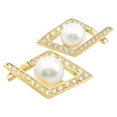 Vintage 18K Gold Geometric EArrings with Dia. 0.82ct & South Sea Pearl Earrings