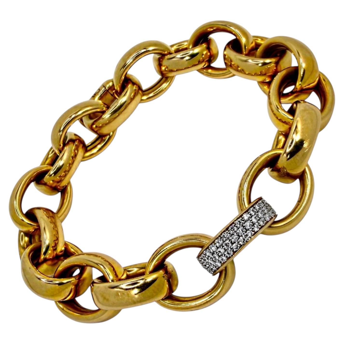 Vintage 18K Rose Gold German Cable Link Bracelet with One Diamond Covered Link