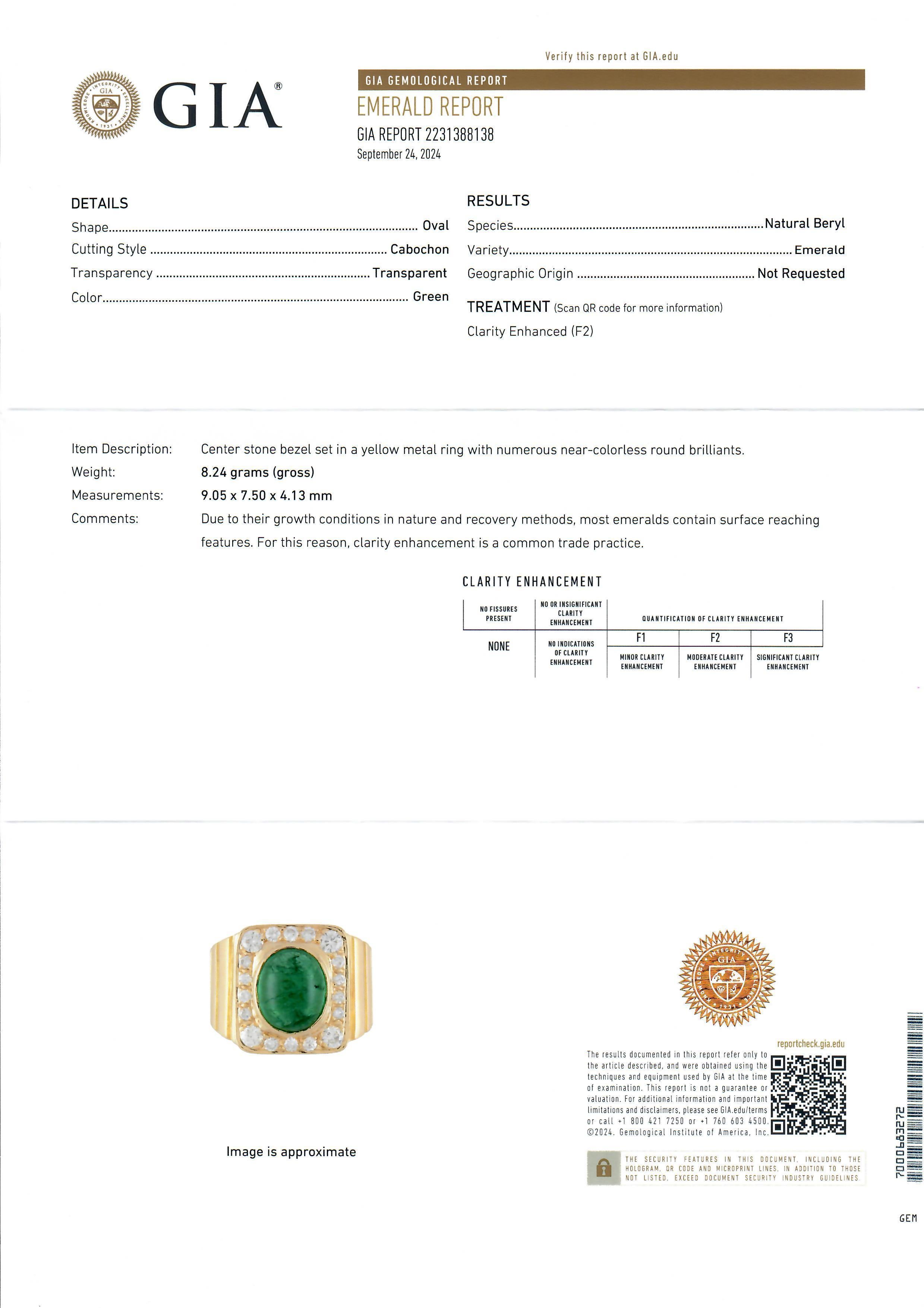 --Stein(e):--
(1) Natürlicher echter Smaragd - Ovaler Cabochon-Schliff - Lünettenfassung - Reinheit verbessert F2 - Lebendige grüne Farbe - 2,25ct (ca. basierend auf den Zertifizierungsmessungen)
** Vollständige Informationen siehe unten unter