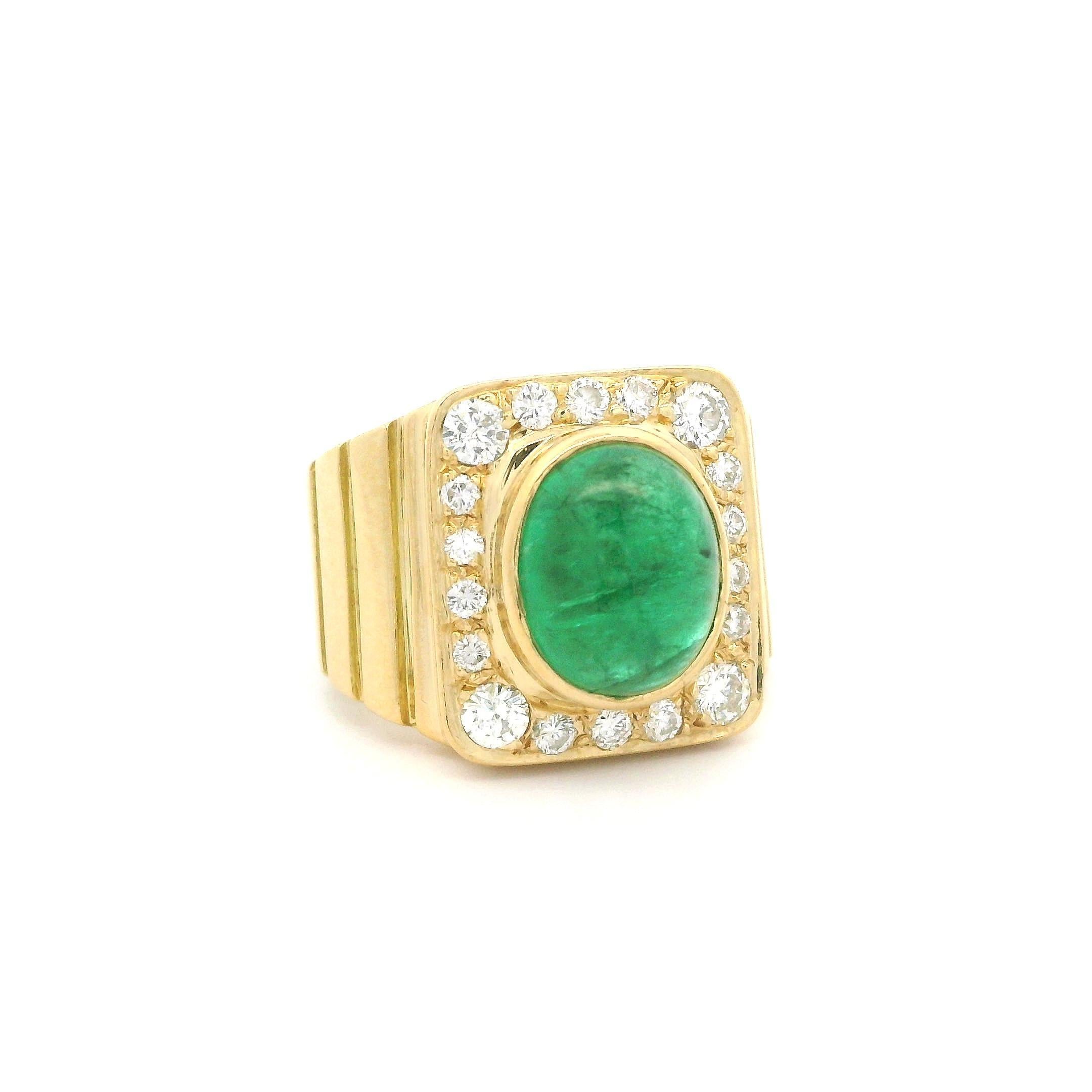 18 Karat Gold GIA 2,59 Karat Cabochon Smaragd & Diamant geschwungener breiter Platinring, Vintage im Angebot 1