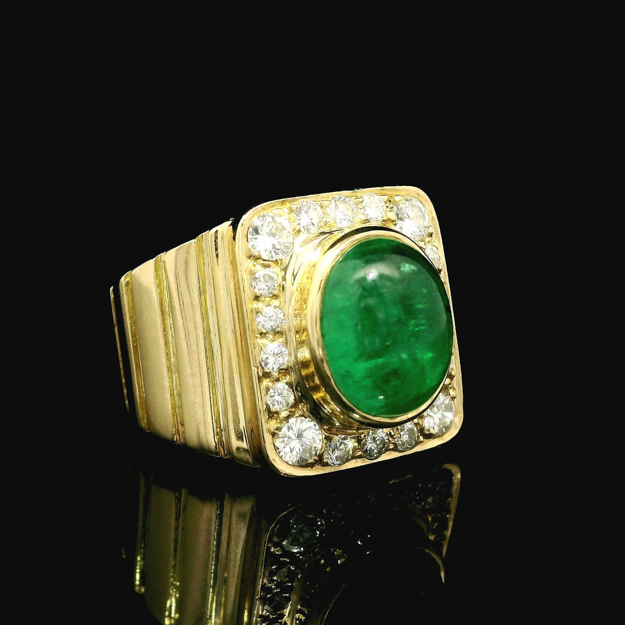 18 Karat Gold GIA 2,59 Karat Cabochon Smaragd & Diamant geschwungener breiter Platinring, Vintage im Angebot 3