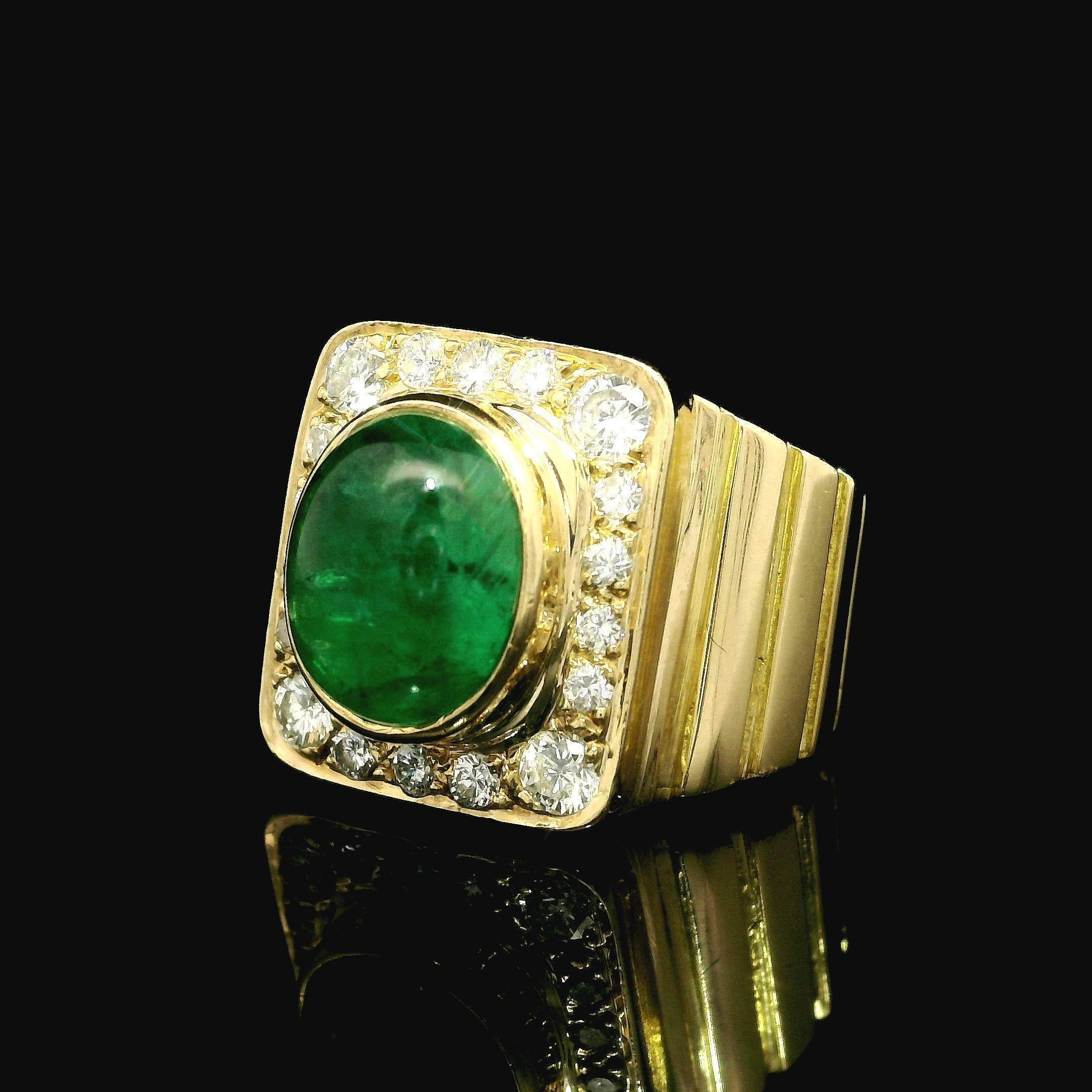 18 Karat Gold GIA 2,59 Karat Cabochon Smaragd & Diamant geschwungener breiter Platinring, Vintage im Angebot 4