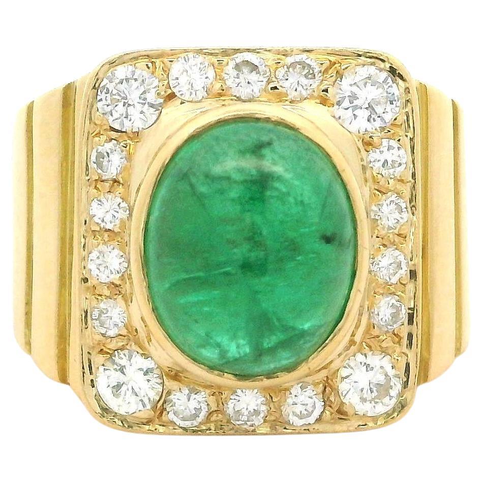 Vintage 18k Gold GIA 2.59ct Cabochon Emerald & Diamond Grroved Wide Platter Ring