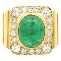 Vintage 18k Gold GIA 2.59ct Cabochon Emerald & Diamond Grroved Wide Platter Ring