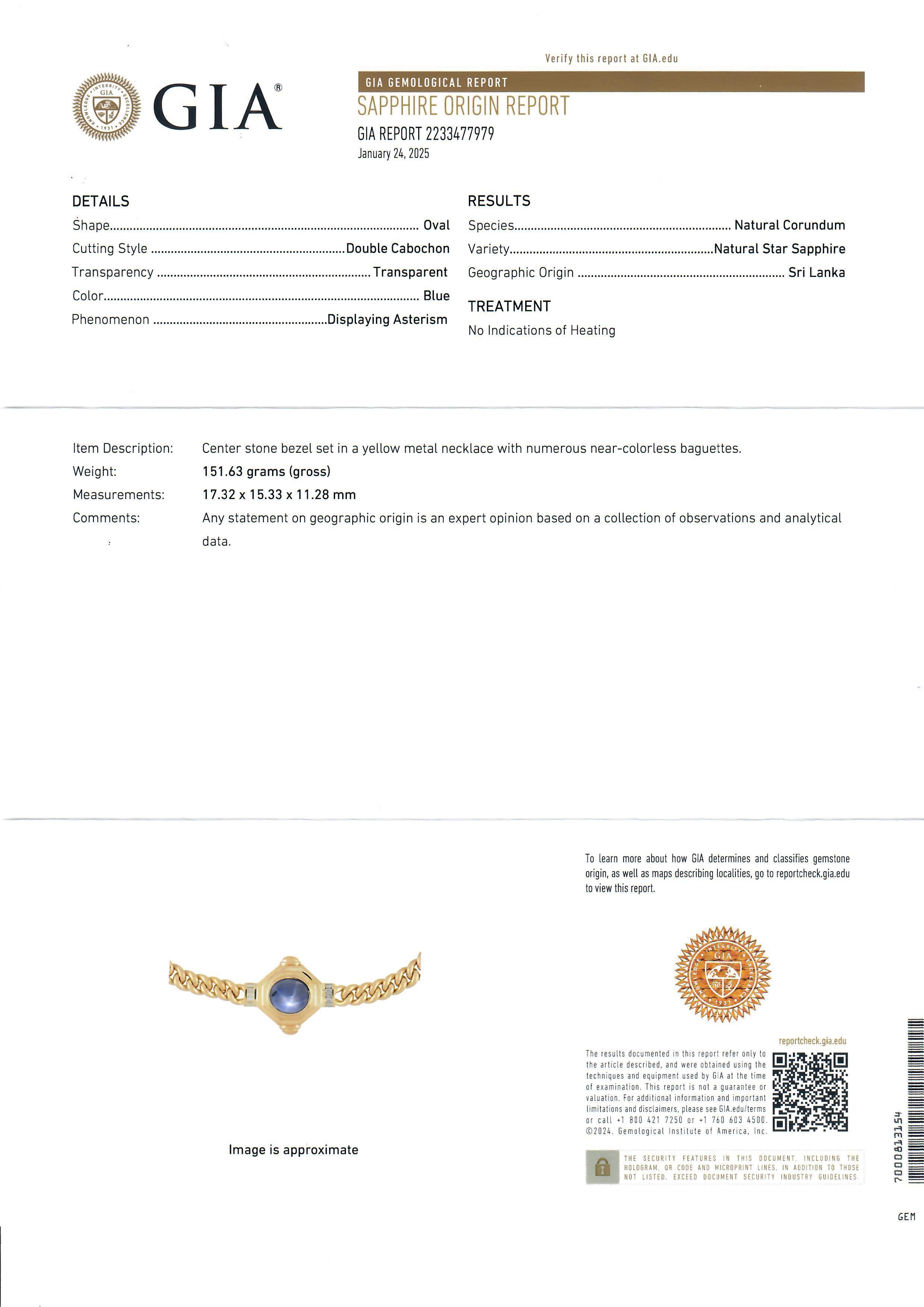 --Stone(s):--
(1) Natural Genuine Star Sapphire - Oval Cabochon Cut - Bezel Style Prong Set - Blue Color - No Heat - Ceylon - Approx 32ct
** See Certification Details Below for Complete Info **
(18) Natural Genuine Diamonds - Straight Baguette Cut -