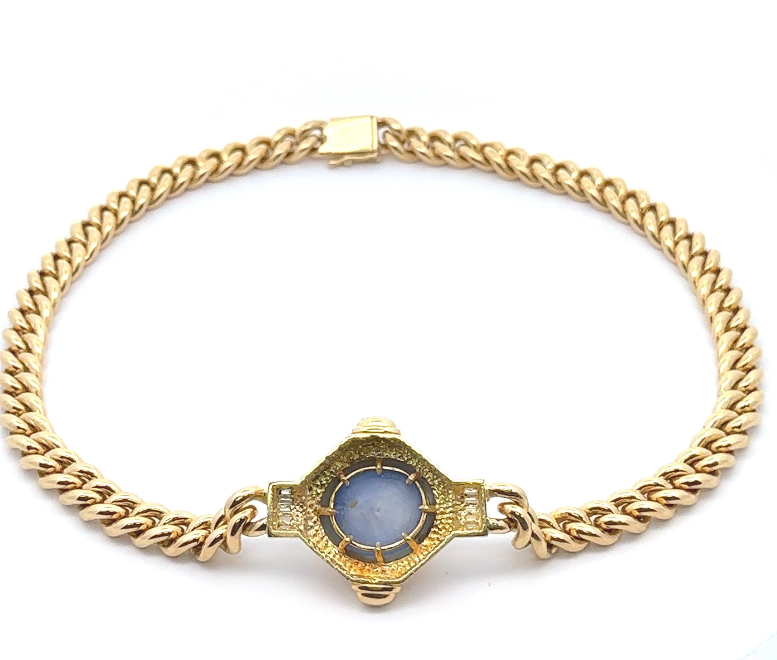 Cabochon Vintage 18k Gold GIA 32ct Star Sapphire Diamond Pendant Curb Link Chain Necklace For Sale