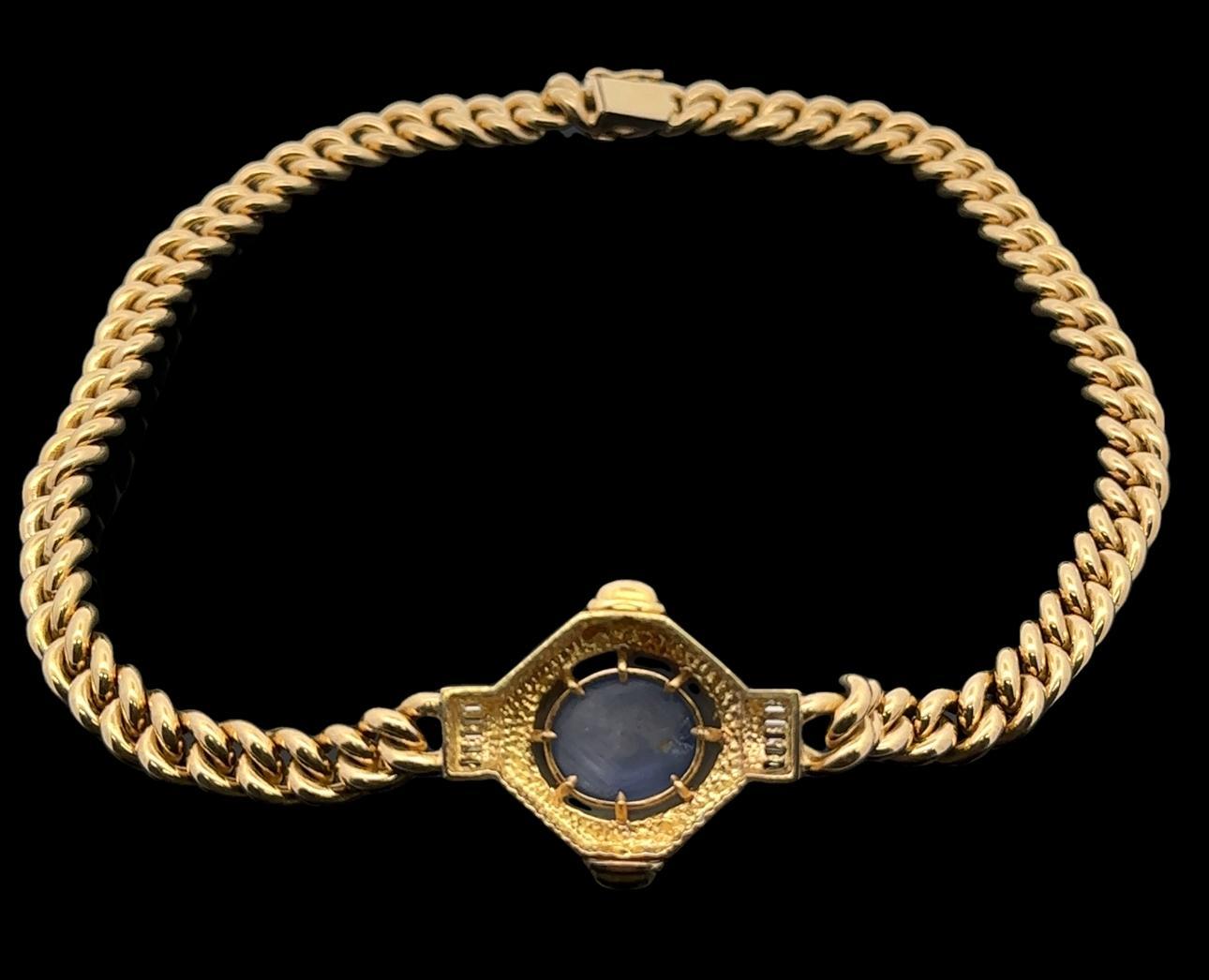 Vintage 18k Gold GIA 32ct Star Sapphire Diamond Pendant Curb Link Chain Necklace For Sale 1