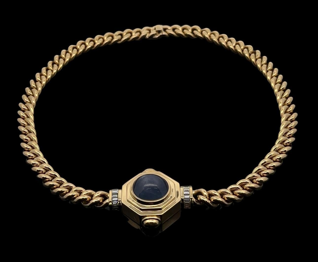 Vintage 18k Gold GIA 32ct Star Sapphire Diamond Pendant Curb Link Chain Necklace For Sale 2