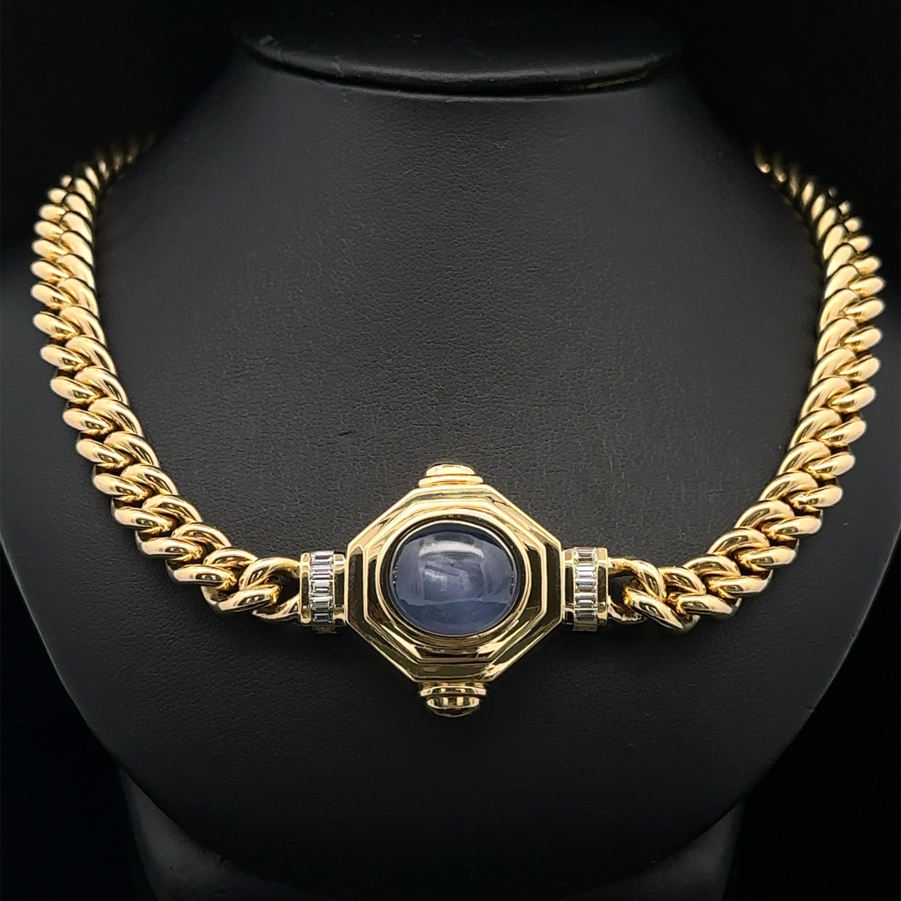 Vintage 18k Gold GIA 32ct Star Sapphire Diamond Pendant Curb Link Chain Necklace For Sale 3