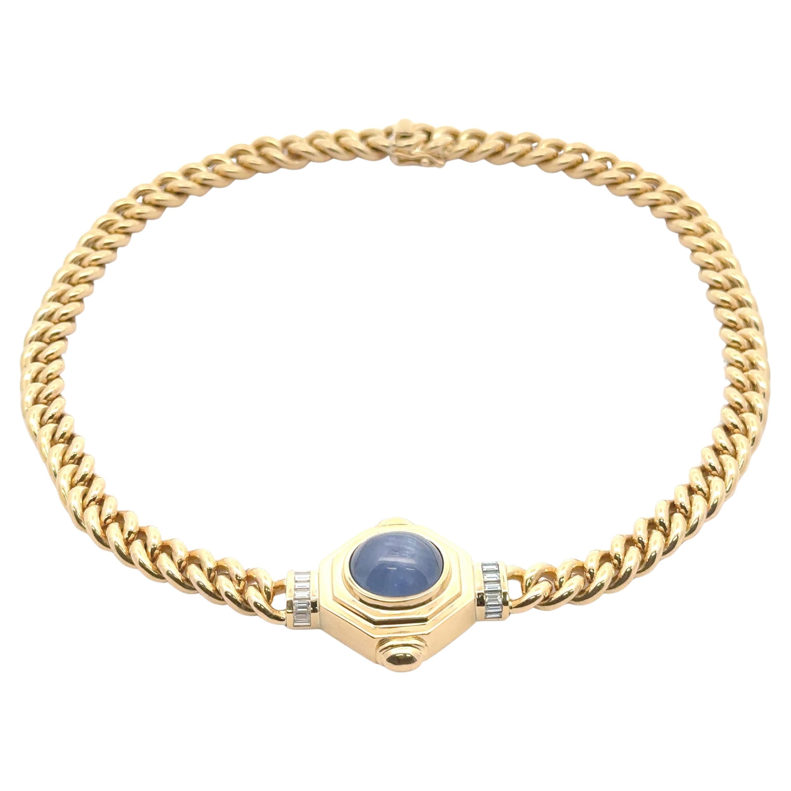 Vintage 18k Gold GIA 32ct Star Sapphire Diamond Pendant Curb Link Chain Necklace For Sale