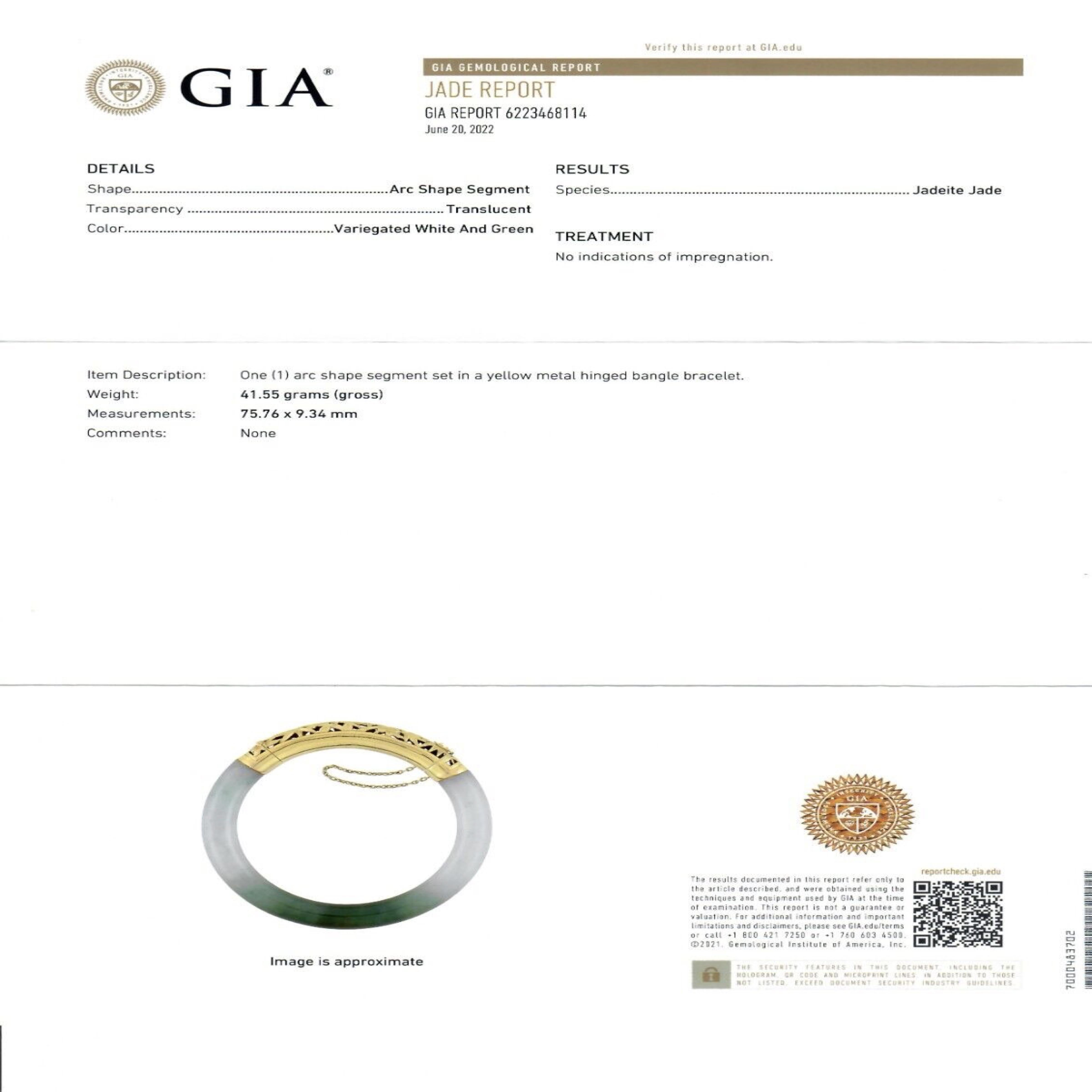 Vintage 18k Gold GIA Arc Shape Green & White Jade W/ Open Work Bangle Bracelet For Sale 1