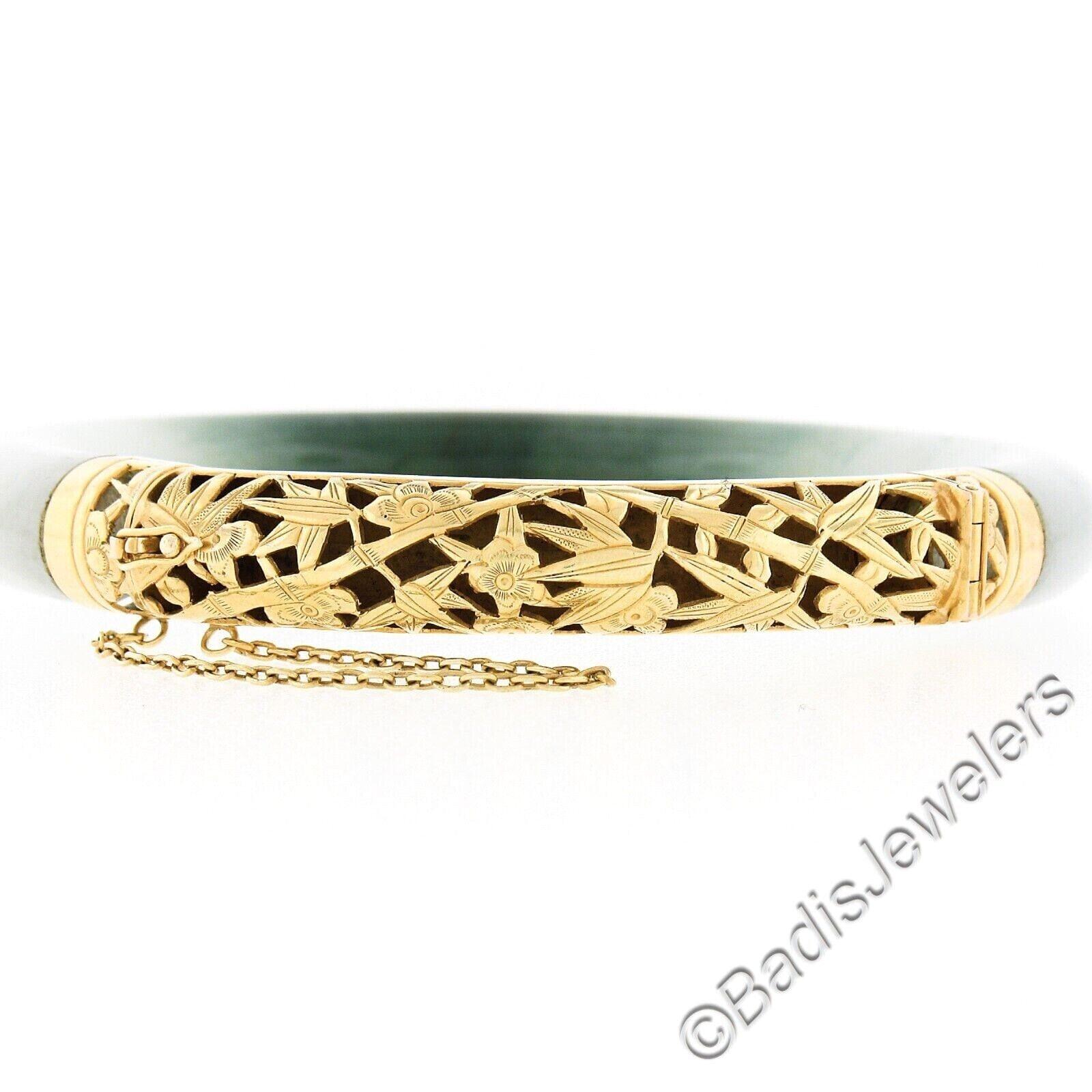 Vintage 18k Gold GIA Bogen Form grün & weiß Jade w / offene Arbeit Armreif Armband im Angebot 5