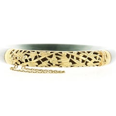 Vintage 18k Gold GIA Arc Shape Green & White Jade W/ Open Work Bangle Bracelet
