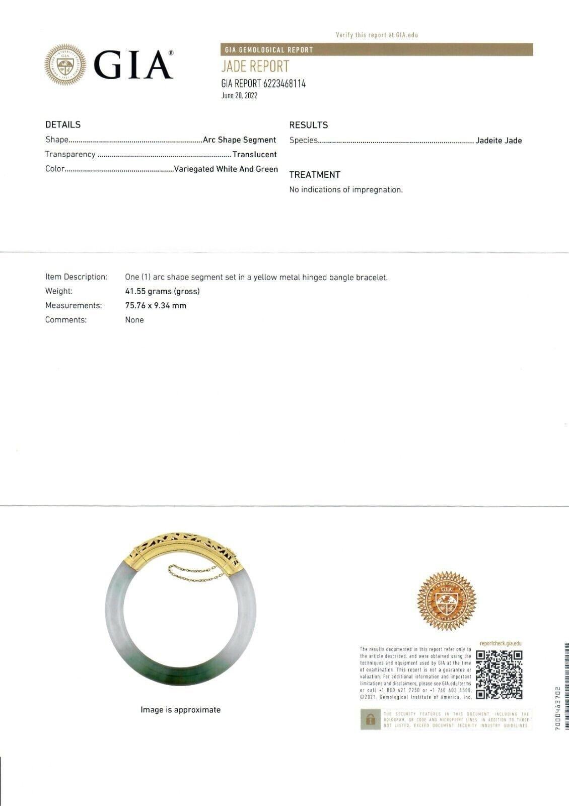 Vintage 18k Gold GIA Bogen Form grün & weiß Jade w / offene Arbeit Armreif Armband im Zustand „Gut“ im Angebot in Montclair, NJ