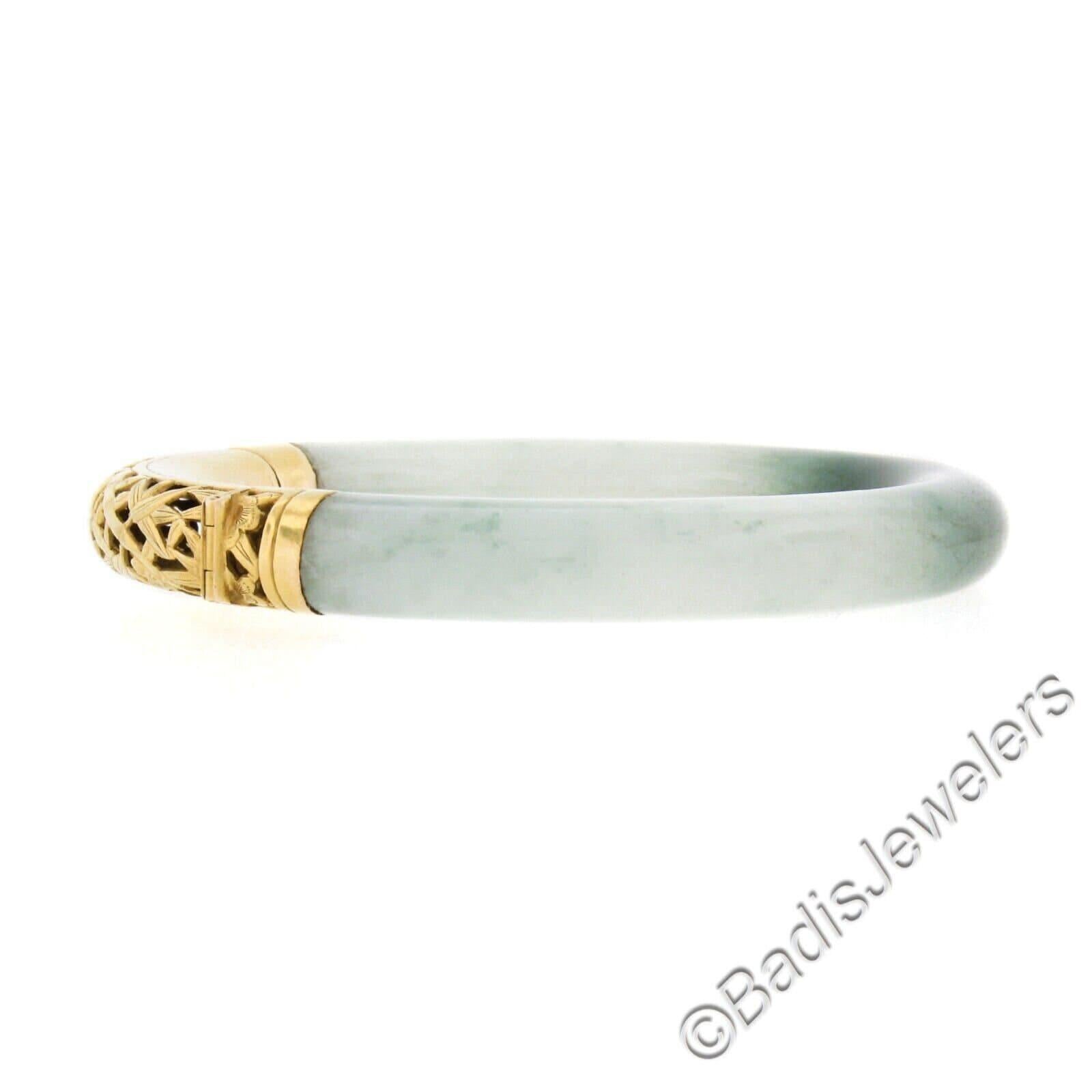 Vintage 18k Gold GIA Bogen Form grün & weiß Jade w / offene Arbeit Armreif Armband Damen im Angebot