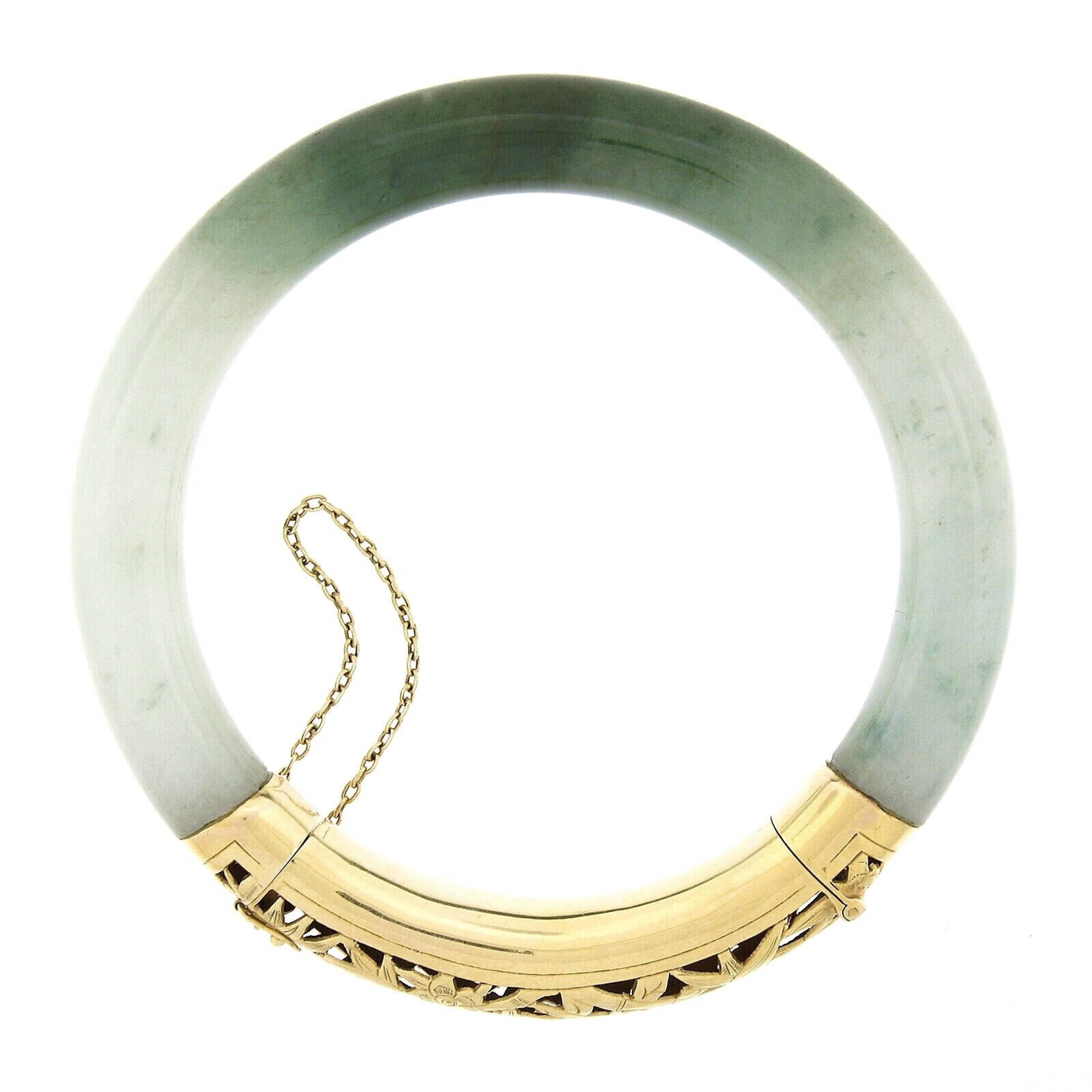 Half Moon Cut Vintage 18k Gold GIA Arc Shape Green & White Jade W/ Open Work Bangle Bracelet For Sale