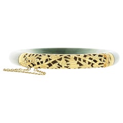 Vintage 18k Gold GIA Arc Shape Green & White Jade W/ Open Work Bangle Bracelet