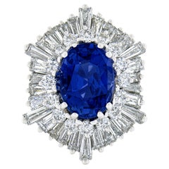 Vintage 18k Gold GIA Burma NO HEAT Oval Sapphire Baguette Diamond Ballerina Ring