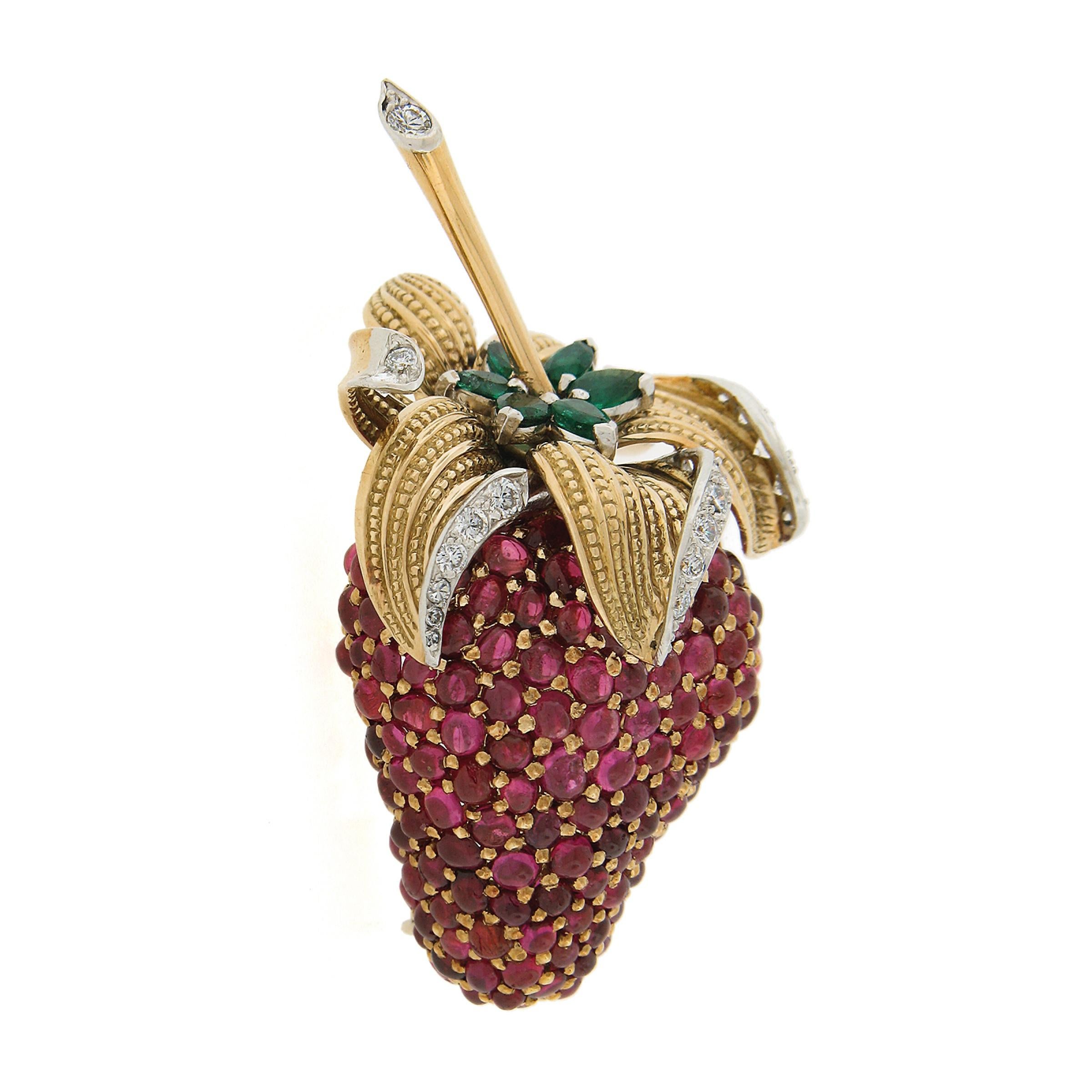 Cabochon Vintage 18k Gold GIA Burma No Heat Ruby Emerald & Diamond Strawberry Pin Brooch For Sale