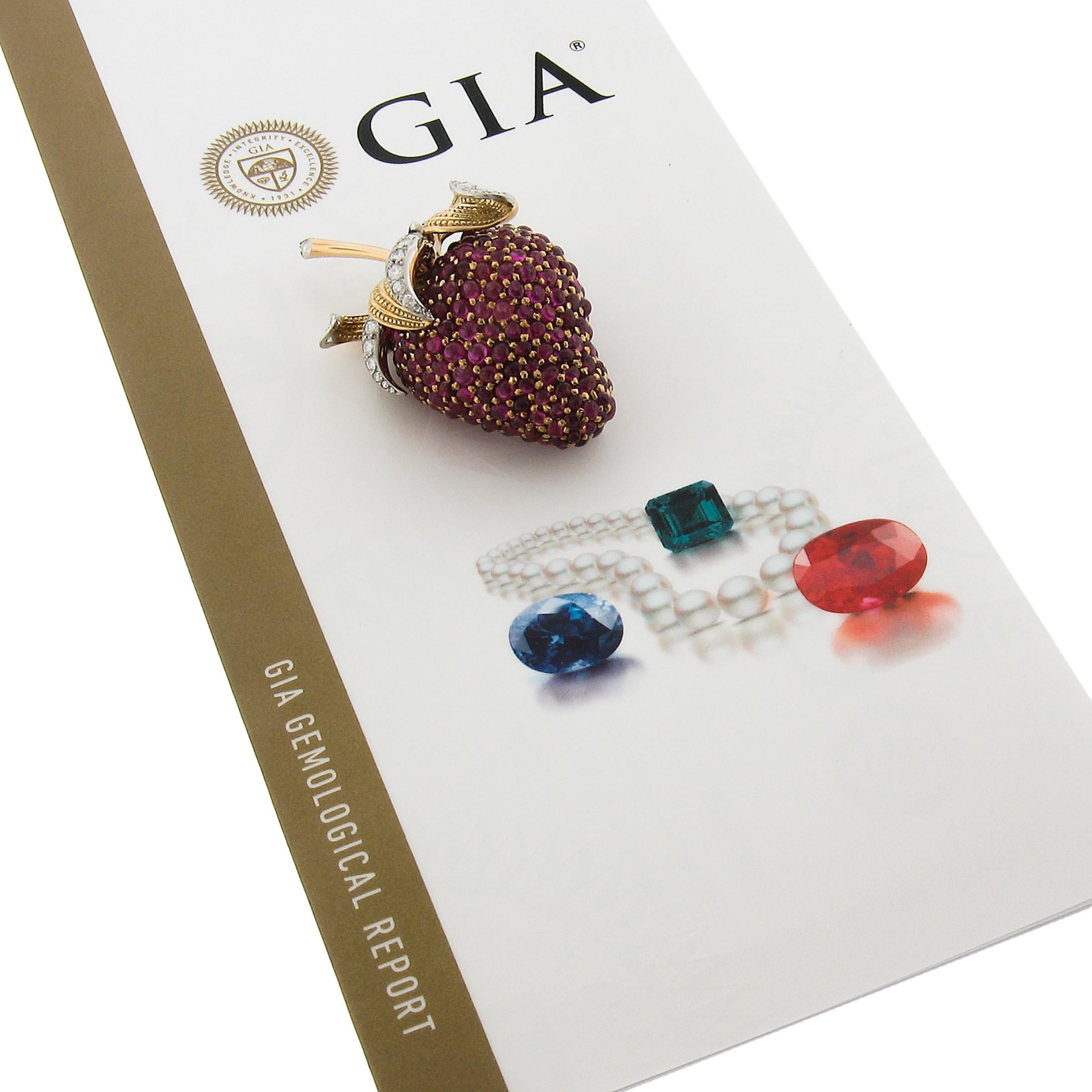 Women's or Men's Vintage 18k Gold GIA Burma No Heat Ruby Emerald & Diamond Strawberry Pin Brooch For Sale