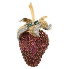 Vintage 18k Gold GIA Burma No Heat Ruby Emerald & Diamond Strawberry Pin Brooch