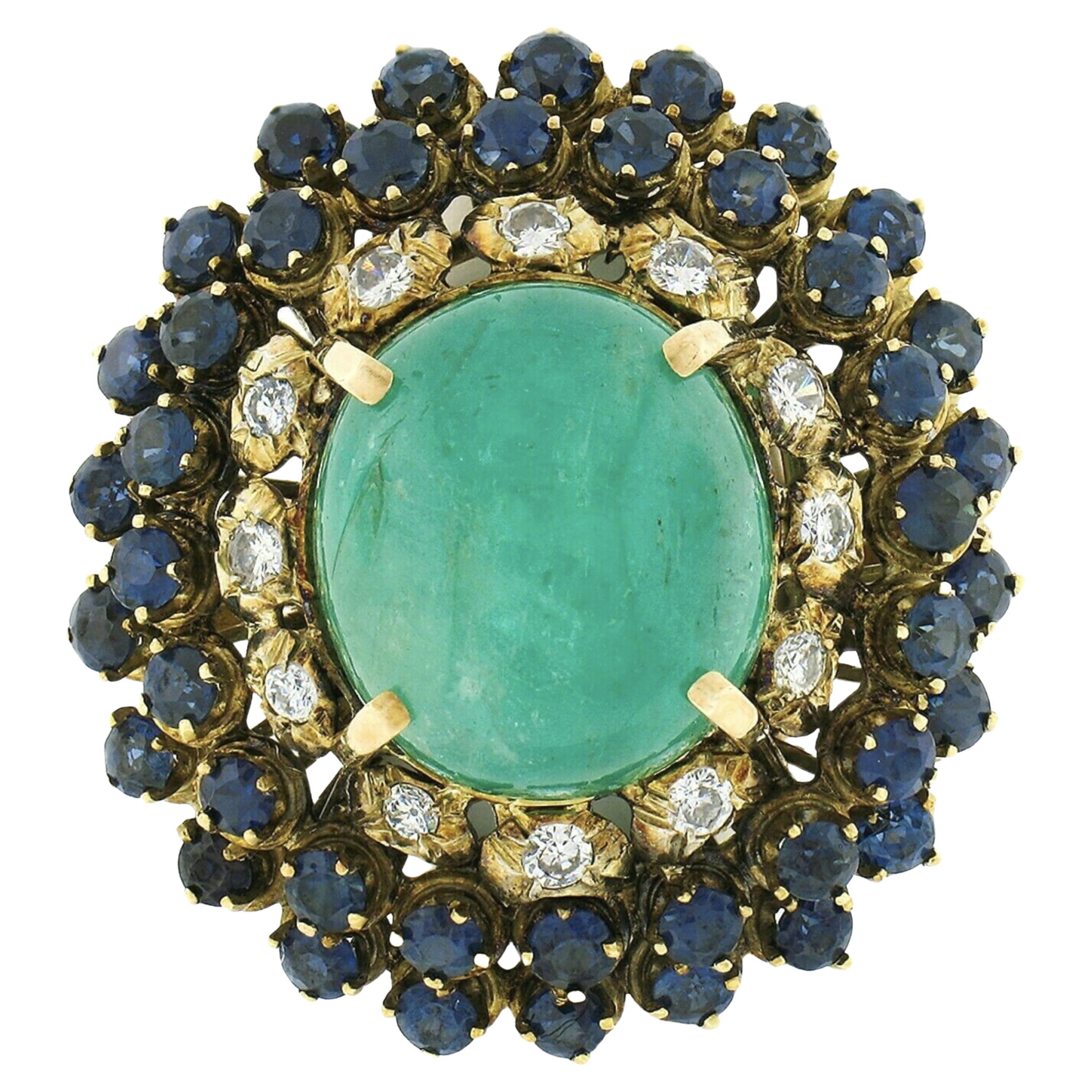 Vintage 18k Gold GIA Cabochon Emerald W/ Sapphire & Diamond Halo Statement Ring For Sale